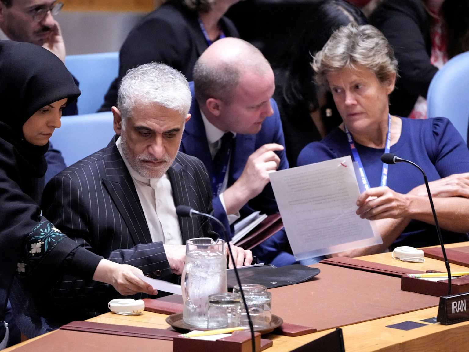 UN Security Council meeting with Iranian representatives discussing diplomatic responses amid tensions over Fordow nuclear site.