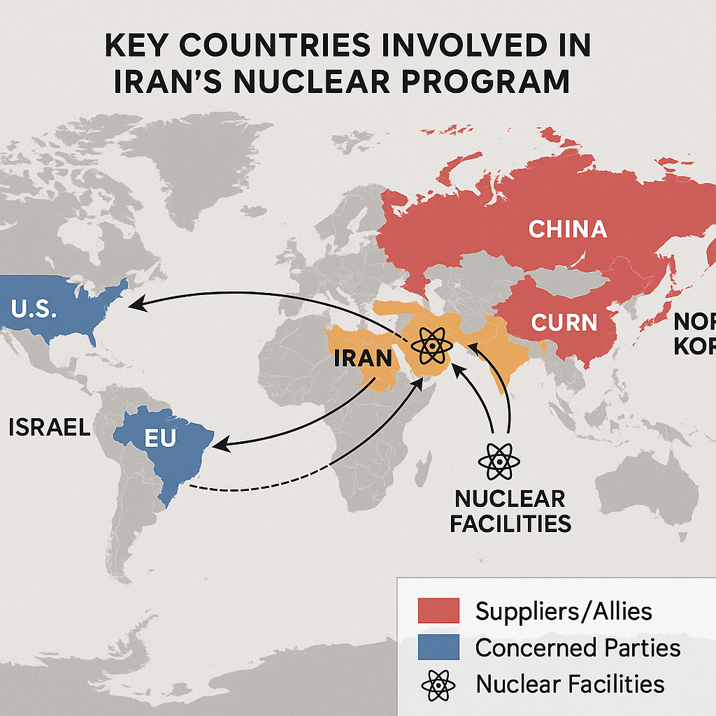 Global geopolitical context of Iran's nuclear program showing key international stakeholders