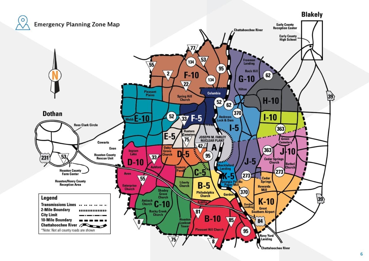 Map showing the emergency planning zones surrounding the Joseph M. Farley Nuclear Plant, detailing areas designated for public protection and emergency response.