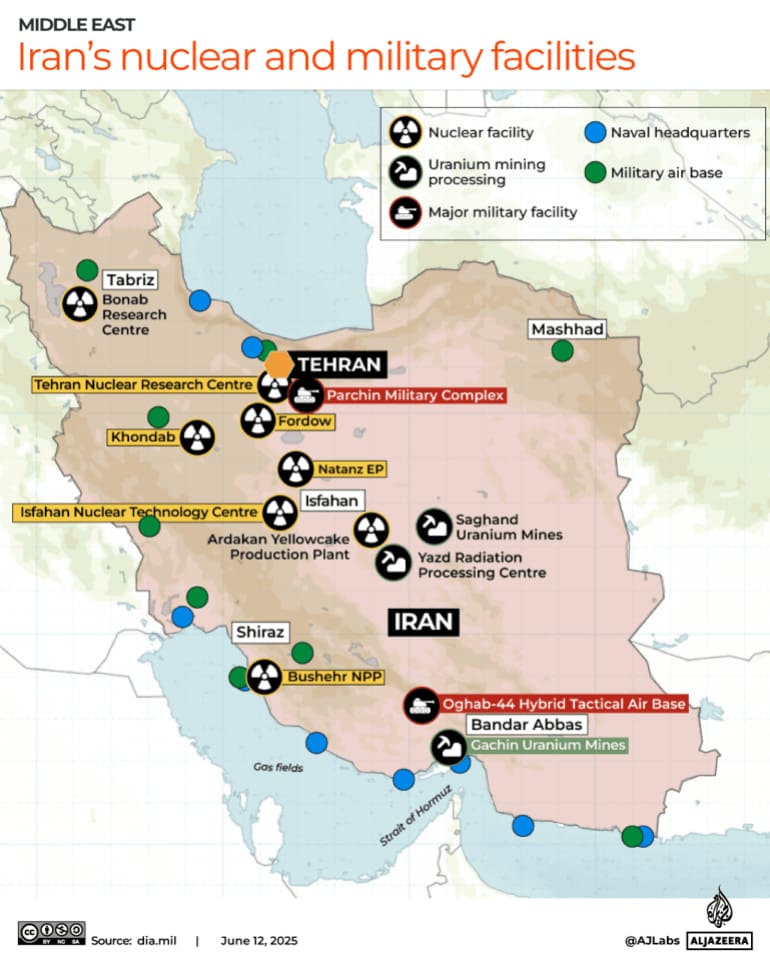Map showing the locations of Iran's key nuclear and military facilities.