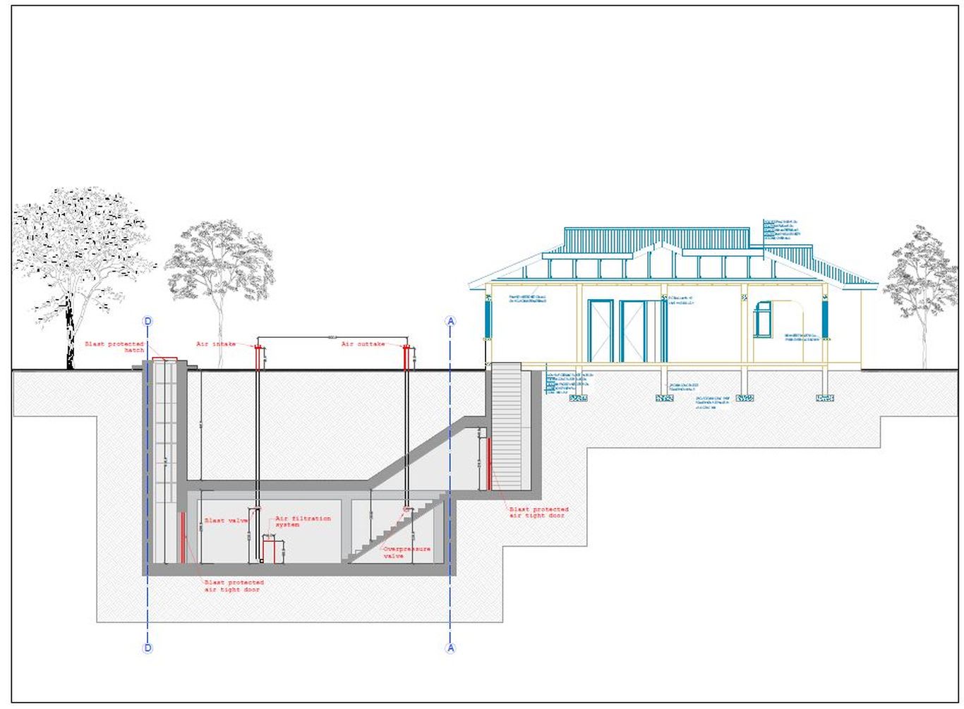 Cross-section diagram illustrating the engineering principles and components of an underground bunker integrated beneath a residential home, including blast protection and air filtration systems.