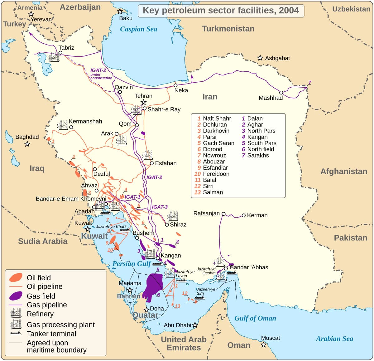 Map of Iran's key petroleum sector facilities and infrastructure as of 2004, including oil and gas fields, pipelines, and processing plants.