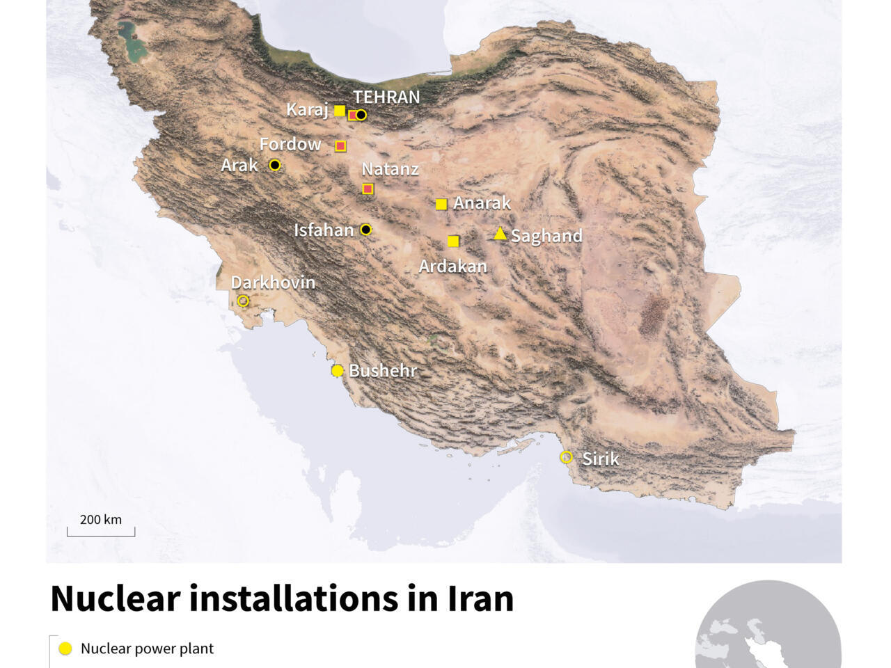 Map displaying the locations of key nuclear installations and major cities across Iran.