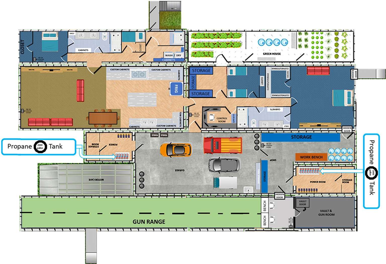 Detailed floor plan of a comprehensive underground survival bunker, showcasing living areas, utilities, security features, and self-sufficiency amenities.