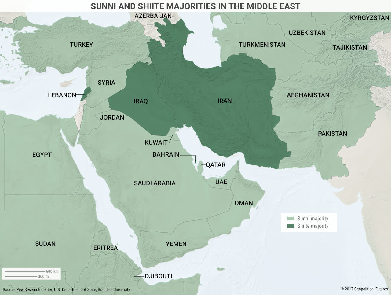 Map illustrating Sunni and Shiite majority populations across the Middle East, highlighting Iran's Shiite majority within the regional religious landscape.