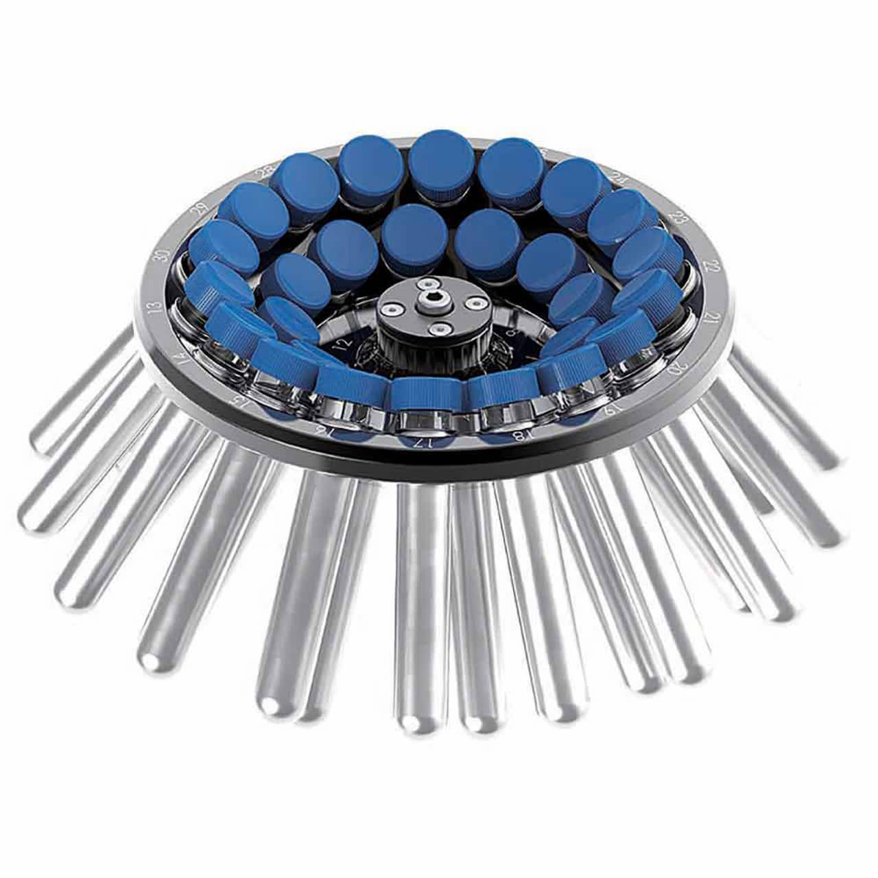 An aluminum alloy centrifuge rotor with 30 places for 15mL tubes, showcasing one of the materials used in centrifuge construction.