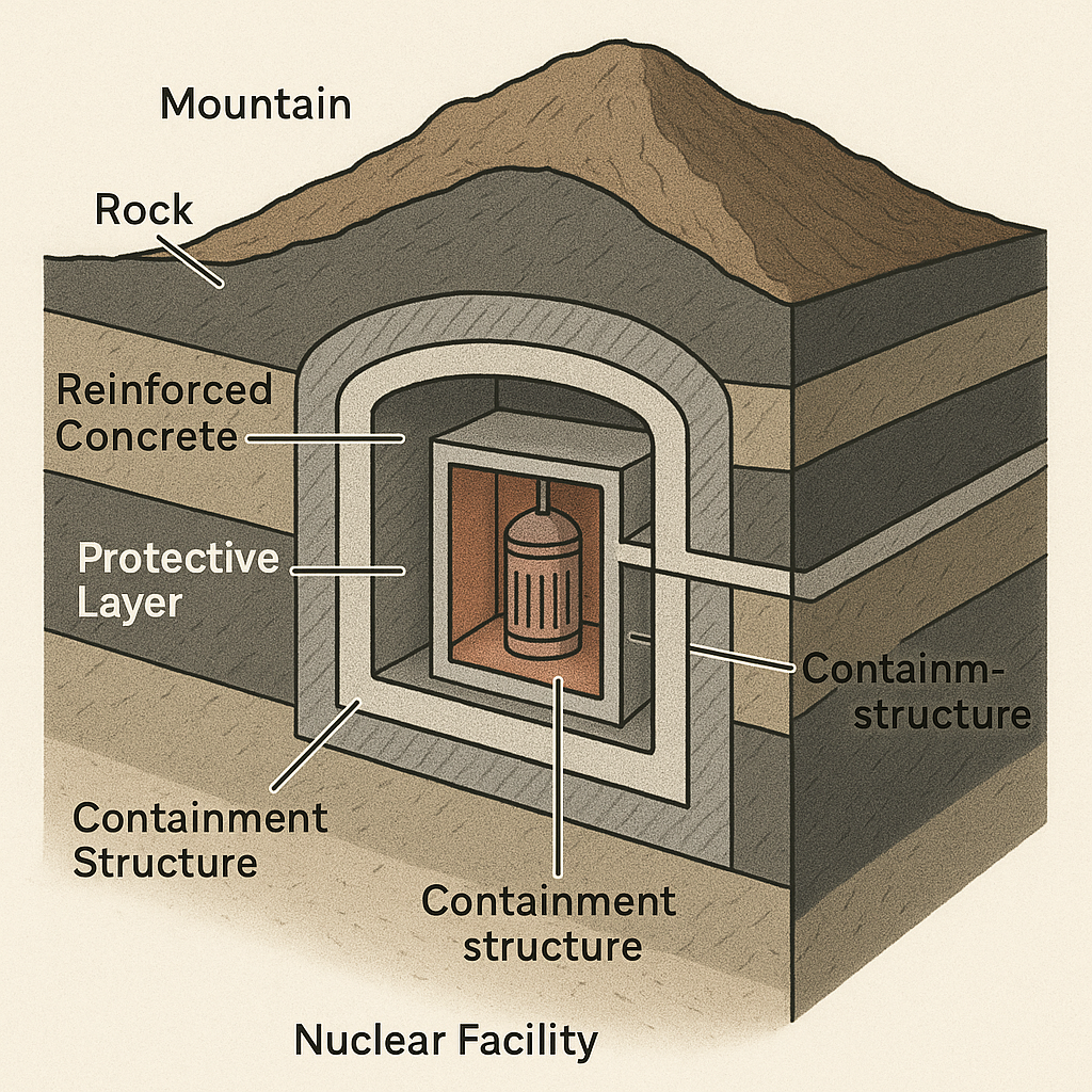 Cross-section view of hardened underground nuclear facility with layered mountain protection