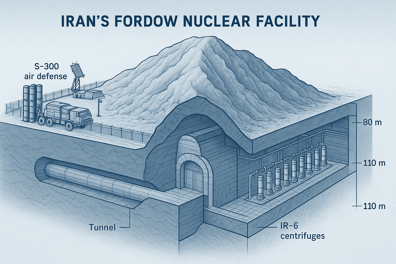 Cross-section illustration of Iran's Fordow nuclear facility, showing its underground centrifuge halls built deep inside a mountain, approximately 80-110 meters below the surface.