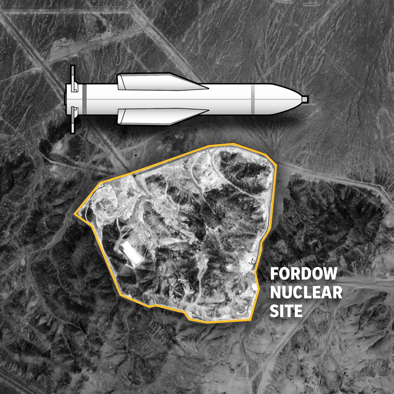 An illustration overlaying a GBU-57 Massive Ordnance Penetrator bomb over a satellite image of the Fordow Nuclear Site.
