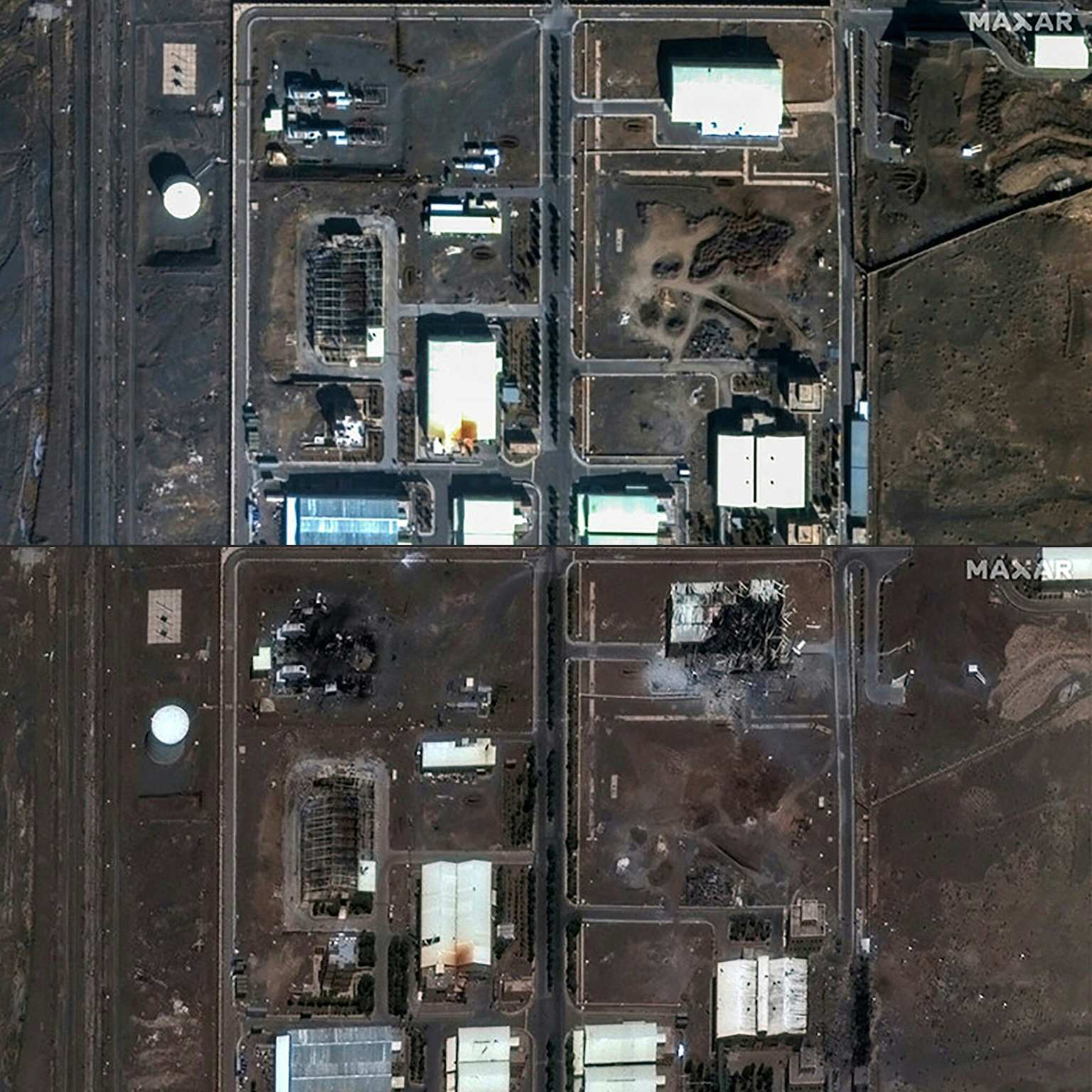 Satellite imagery comparing the Natanz nuclear facility before and after an incident.