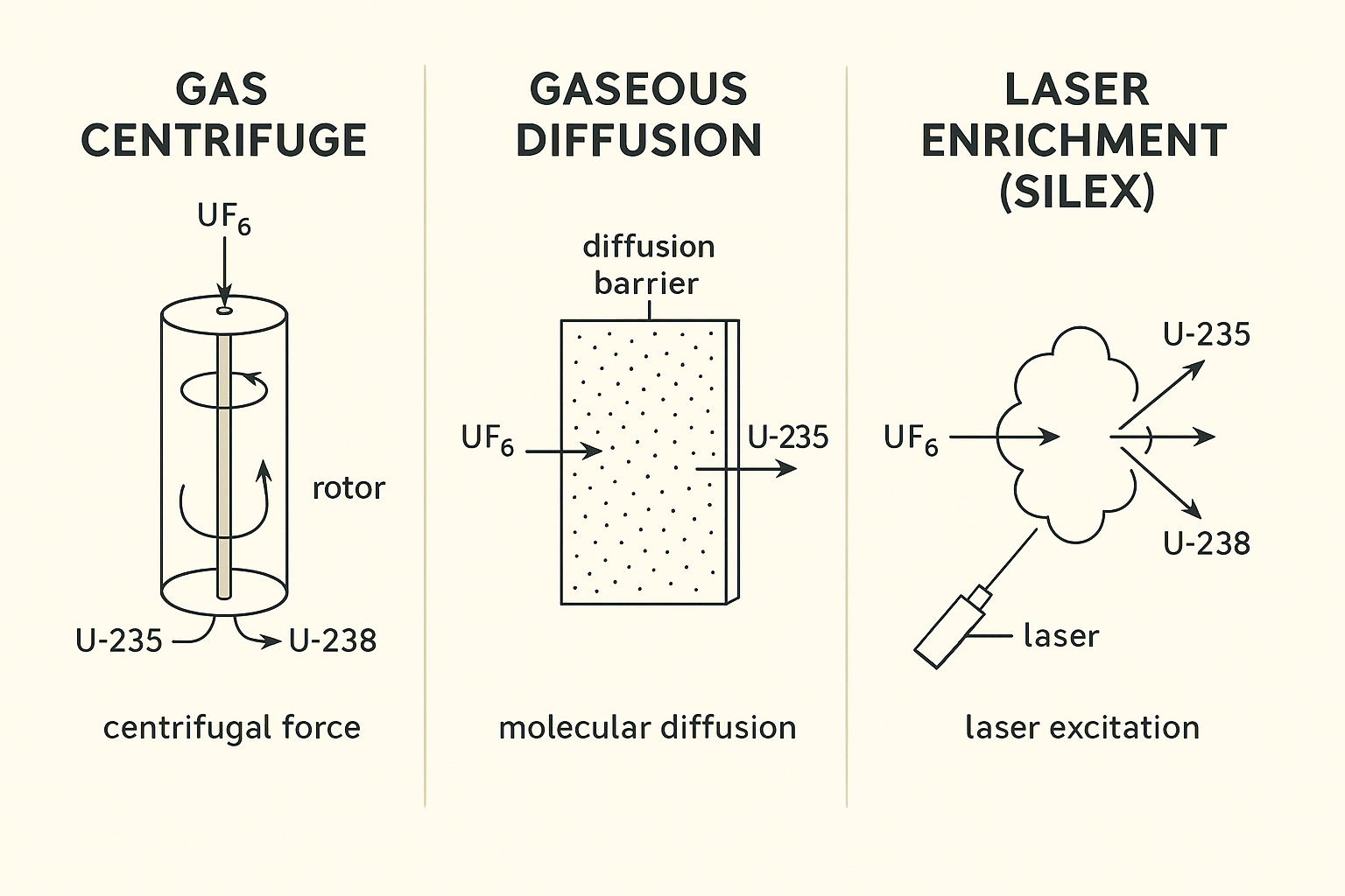 Comparison of three uranium enrichment methods: gas centrifuge, gaseous diffusion, and laser enrichment