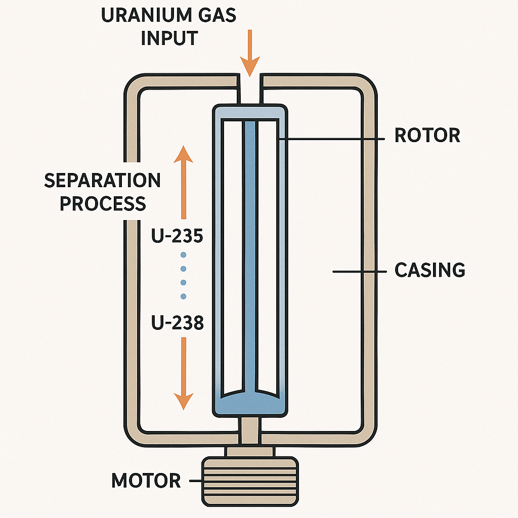 Cross-section diagram of a uranium gas centrifuge showing the separation process of uranium isotopes