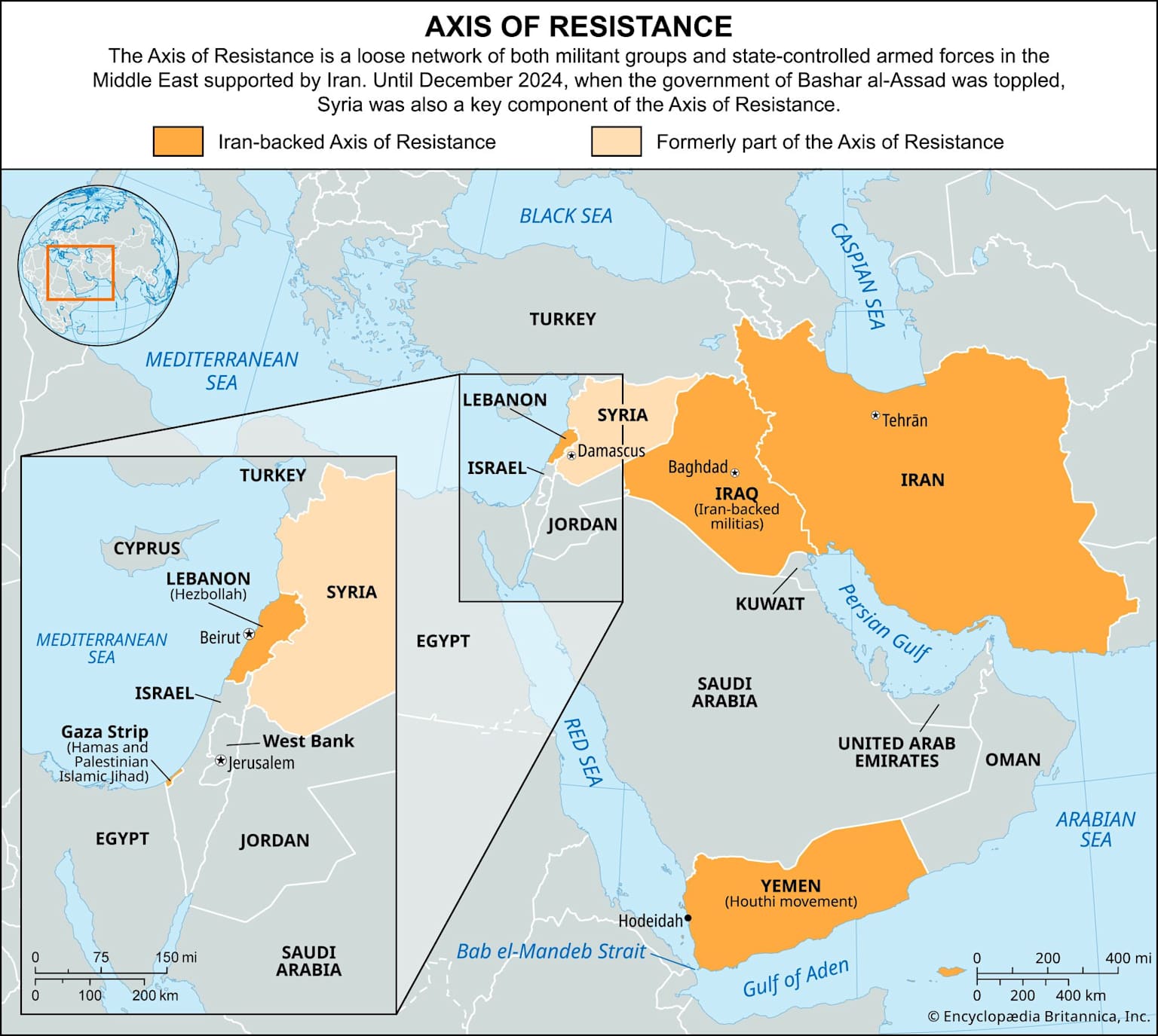 Map illustrating the "Axis of Resistance," showing Iran and its supported groups and territories in the Middle East.