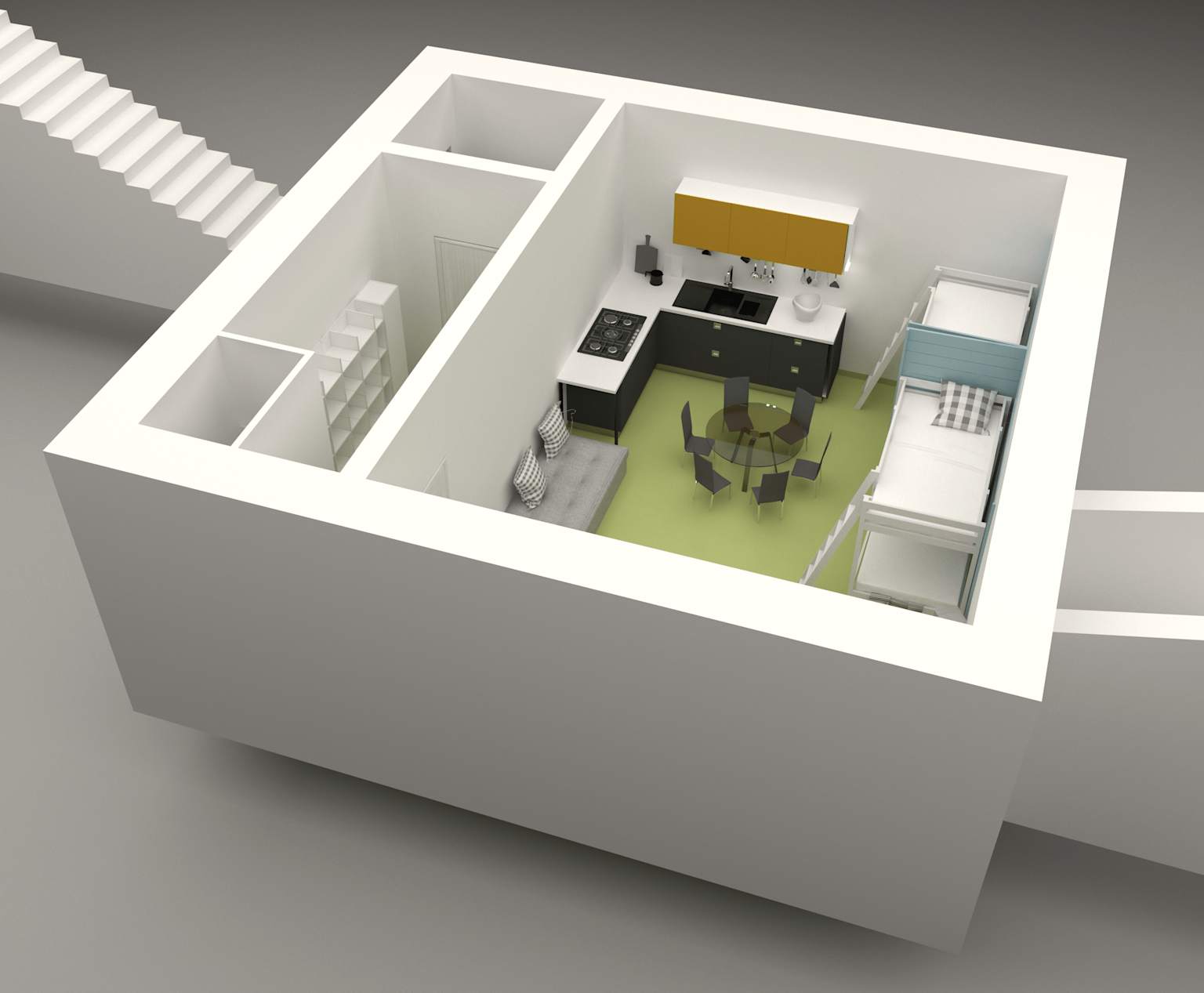 A 3D rendering illustrating a functional and compact interior layout for an underground bunker, featuring integrated kitchen, dining, living, and sleeping areas.