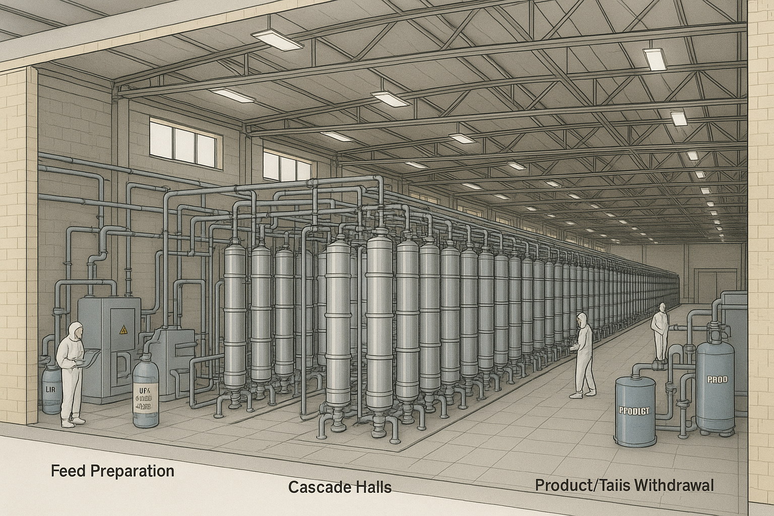 Cutaway illustration of a modern uranium enrichment facility showing multiple centrifuge cascades arranged in parallel halls