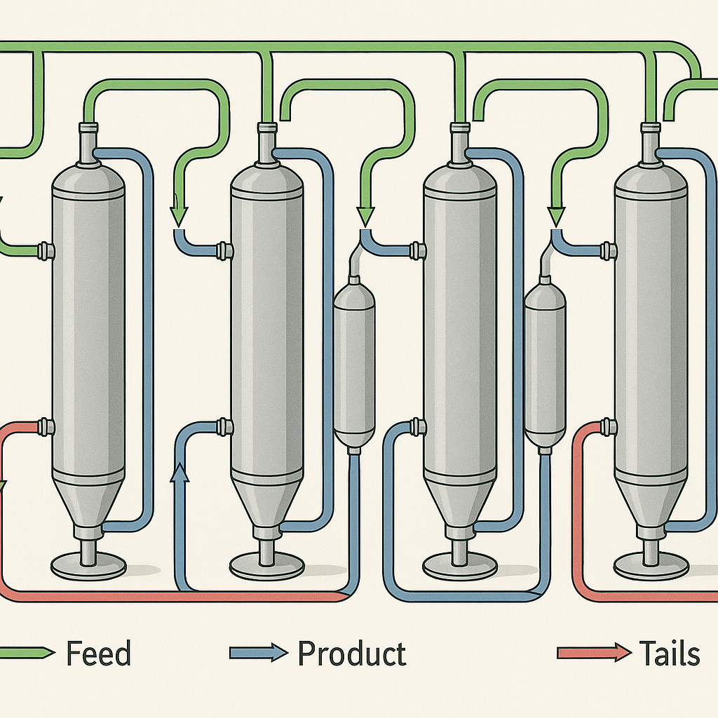 Close-up technical illustration of uranium centrifuges showing the interconnecting piping system in a cascade