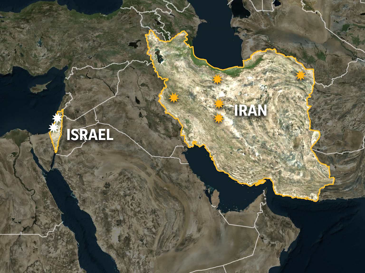 Satellite map illustrating presumed nuclear or significant strategic sites within Iran and Israel.