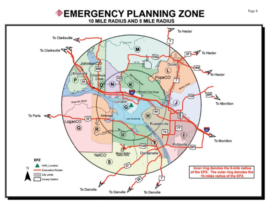 Map showing the 5-mile and 10-mile emergency planning zones around the Arkansas Nuclear One facility, including designated evacuation routes.