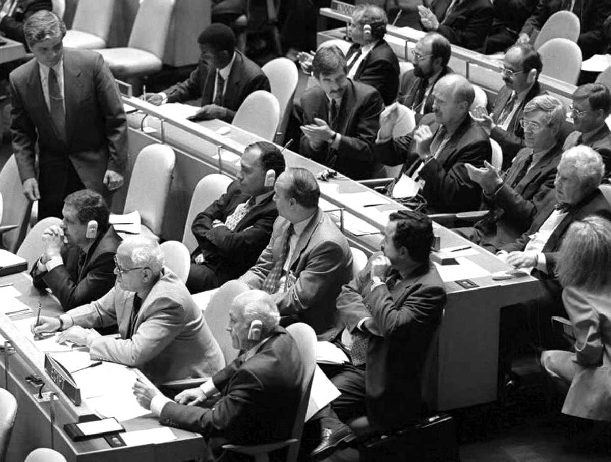Delegates attending a meeting concerning the Nuclear Non-Proliferation Treaty (NPT).