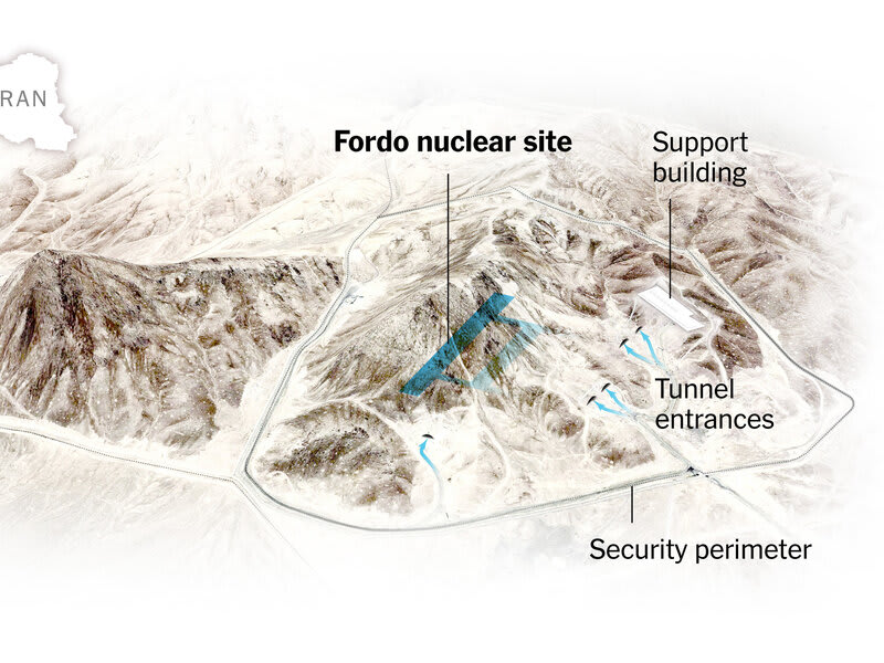 Aerial diagram of Iran's Fordow nuclear site, highlighting its underground location within a mountain.