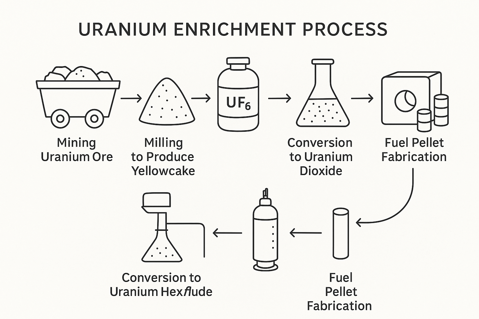 Flowchart showing the uranium enrichment process from ore to nuclear fuel