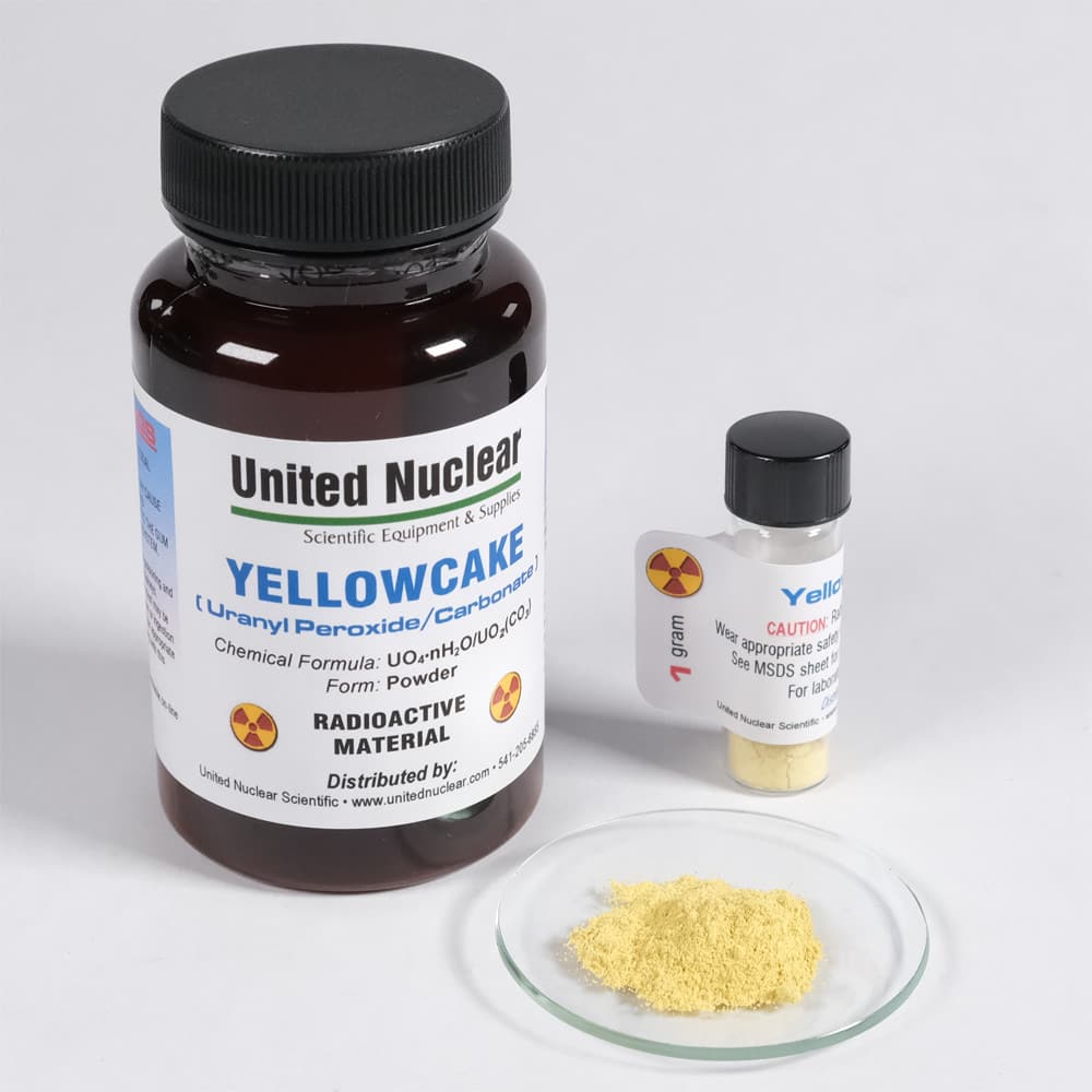 Yellowcake, a uranium concentrate, shown in powder form and packaged, serves as a key precursor to uranium enrichment.
