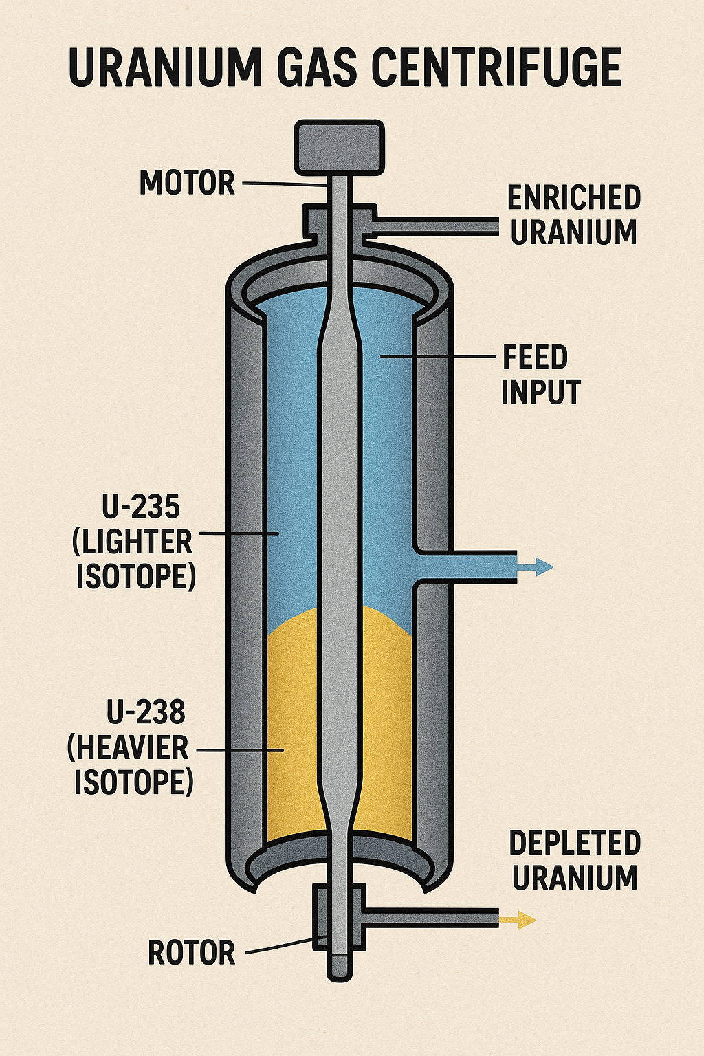 Cross-section diagram of a gas centrifuge showing how uranium isotopes are separated