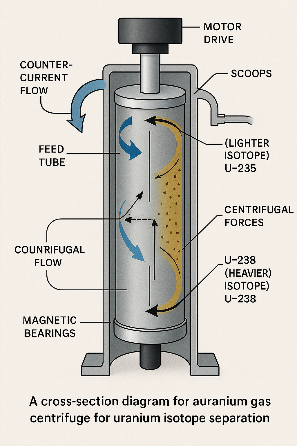 Cross-sectional diagram of a modern gas centrifuge showing the separation of uranium isotopes and countercurrent flow pattern.