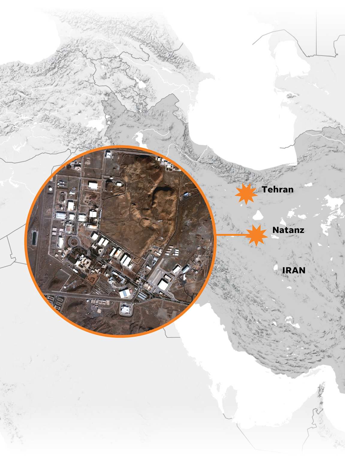 Map of Iran highlighting Tehran and the Natanz nuclear facility.