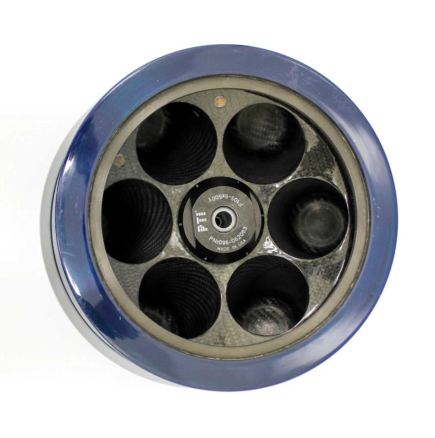 A PTI FiberLite F10-6x500y centrifuge rotor showcasing its carbon fiber construction with six sample wells.