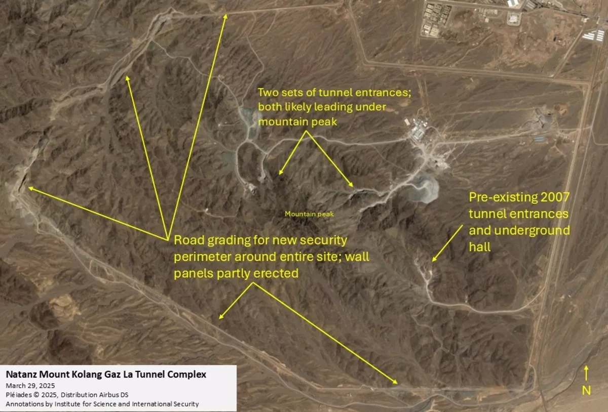 Satellite image of the Natanz Mount Kolang Gaz La Tunnel Complex, showing multiple tunnel entrances and ongoing security infrastructure development.