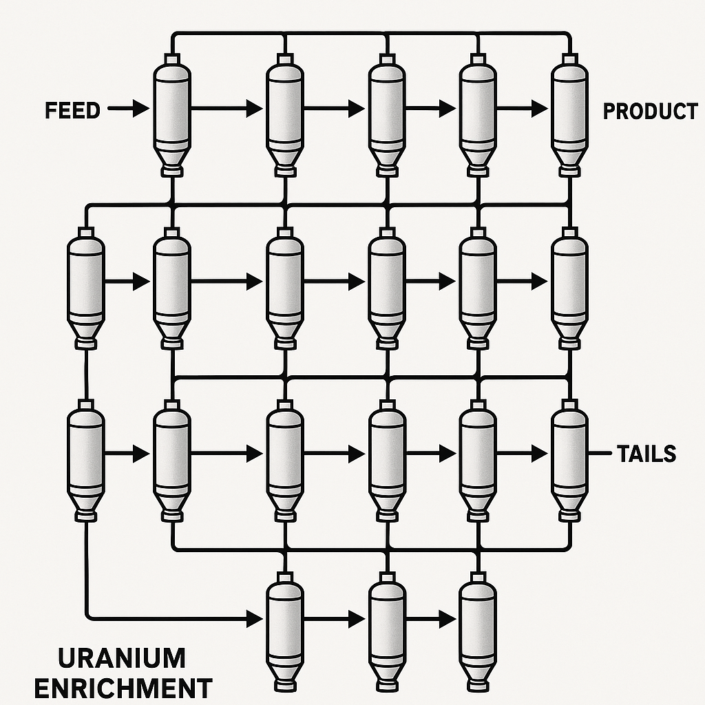 Uranium enrichment cascade layout showing how multiple centrifuges are interconnected to progressively enrich uranium