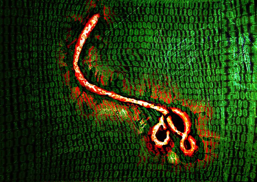 An abstract illustration symbolizing the Stuxnet cyberattack, featuring a red worm-like shape against a binary code background.