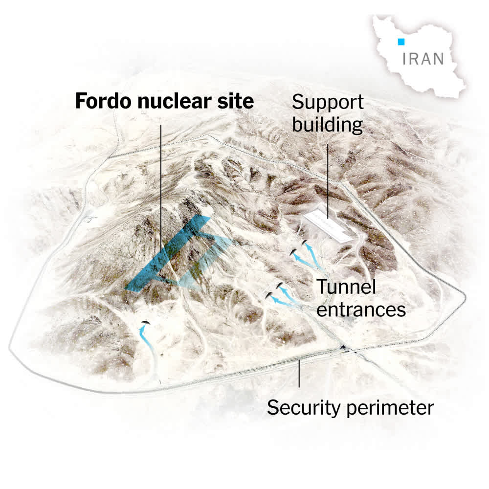 Aerial illustration of the Fordo nuclear site in Iran, highlighting its underground facility, tunnel entrances, and security perimeter.