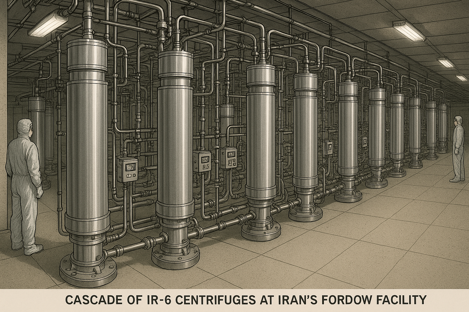 Illustration of IR-6 centrifuge cascade at Iran's Fordow nuclear facility. Multiple advanced centrifuges are connected in series through a complex piping system to progressively enrich uranium.