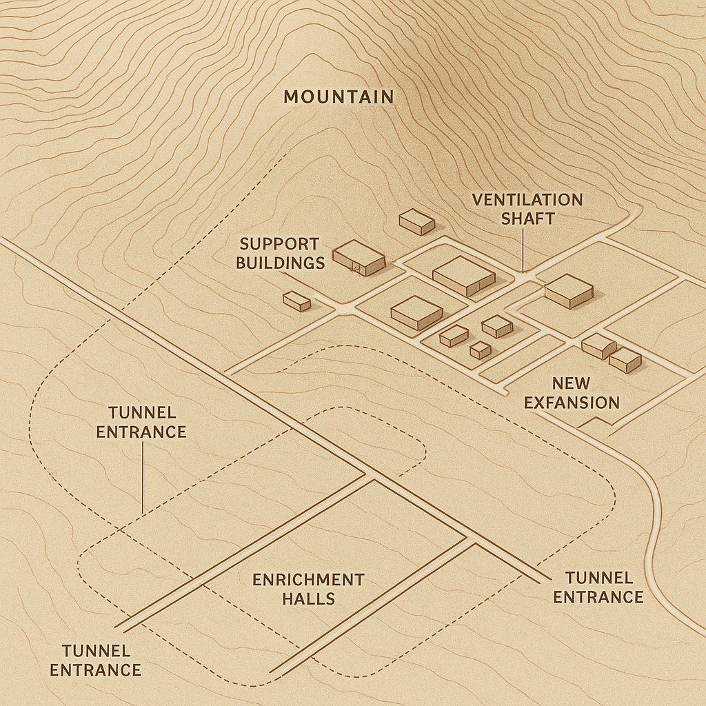 Schematic diagram showing the layout of Iran's Fordow nuclear facility, including underground structures hidden beneath the mountain