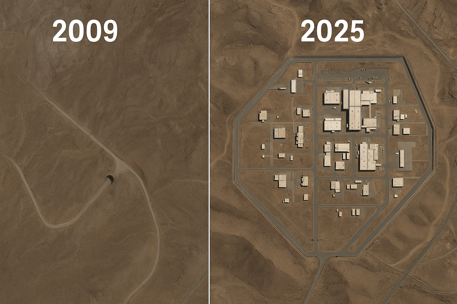 Satellite view comparison showing the evolution of Fordow nuclear facility from 2009 (left) to 2025 (right), highlighting visible expansion