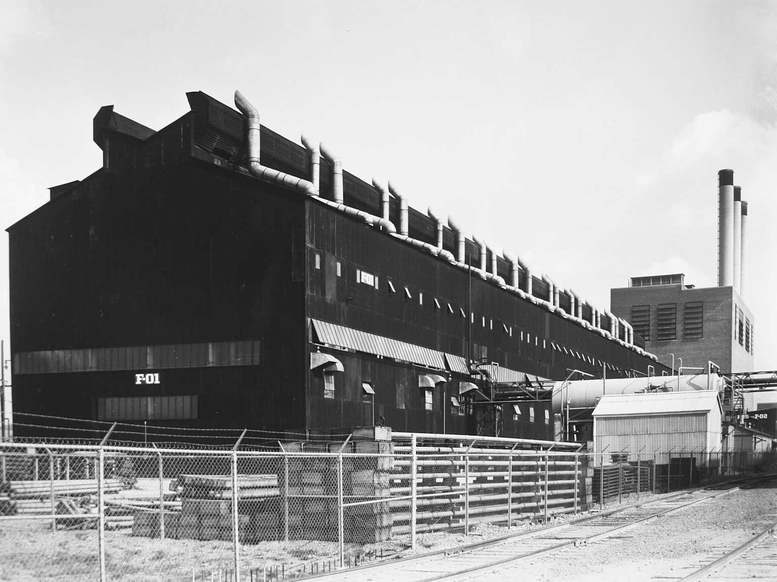 Exterior view of the S-50 thermal diffusion plant, a facility used for uranium enrichment during the Manhattan Project.