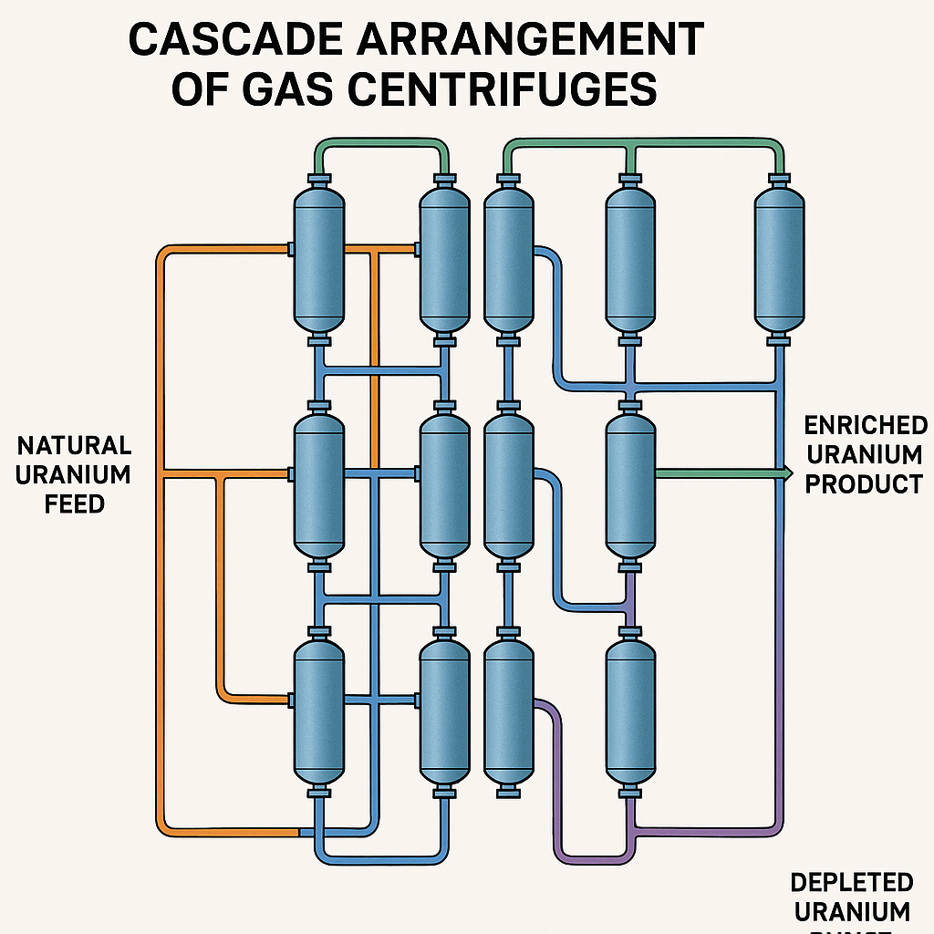 Schematic diagram of a gas centrifuge cascade arrangement for uranium enrichment showing the flow paths of feed, product, and waste streams.